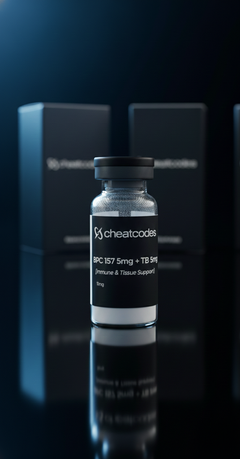 Vial labeled 'cheatcodes' with a black cap on a reflective surface.