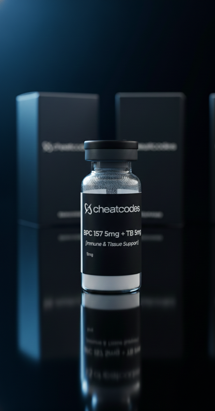 Vial labeled 'cheatcodes' with a black cap on a reflective surface.