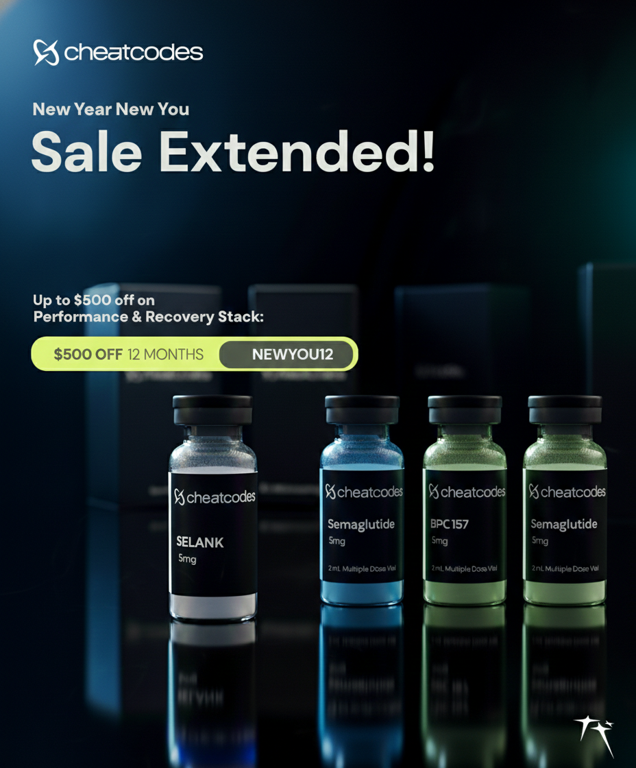 Promotional advertisement for cheatcodes with product bottles and sale extended text on a dark background