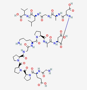 Chemical structure diagram of a complex molecule with various atoms and bonds.