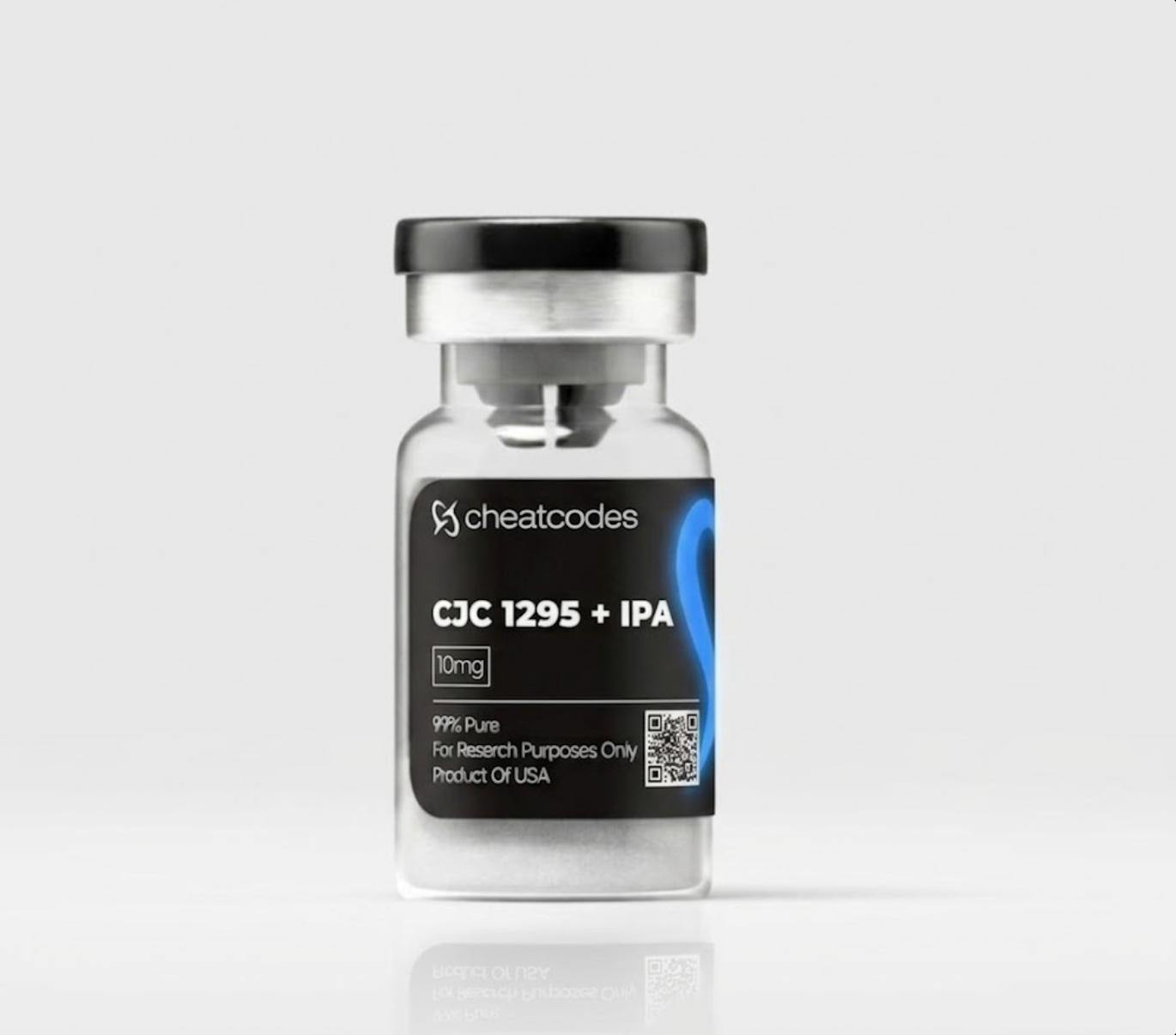 Vial labeled 'CJC 1295 + IPA' with 'cheatcodes' branding on a white background