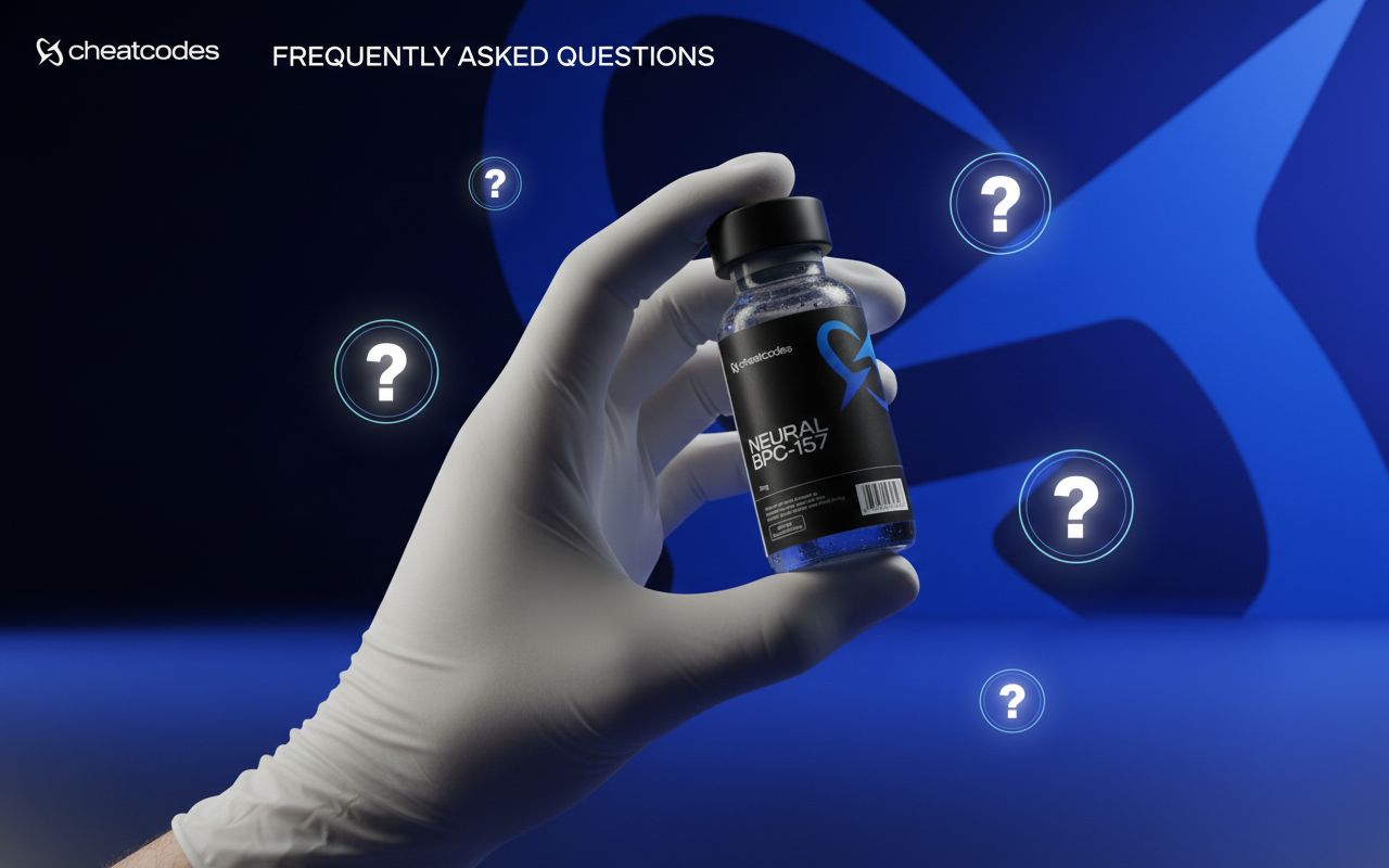 Hand wearing a white glove holding a small bottle labeled 'Nootropic' with question marks around on a blue background.