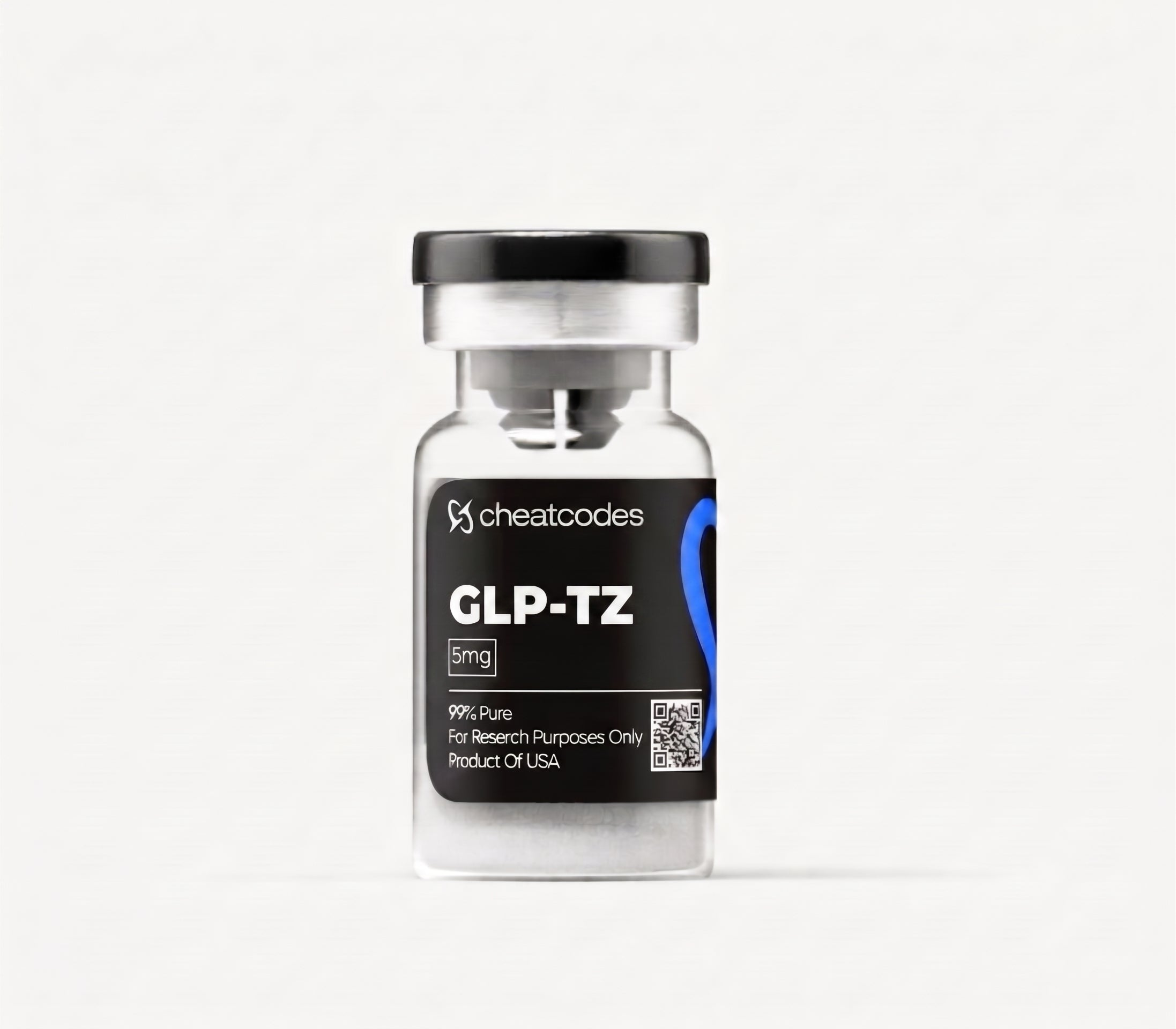 Vial labeled 'GLP-TZ' with 'cheatcodes' branding on a white background