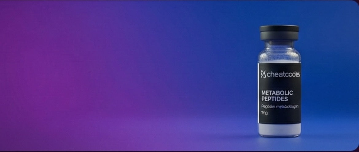 Vial labeled 'Metabolic Peptides' by 'chestacare' on a gradient blue background