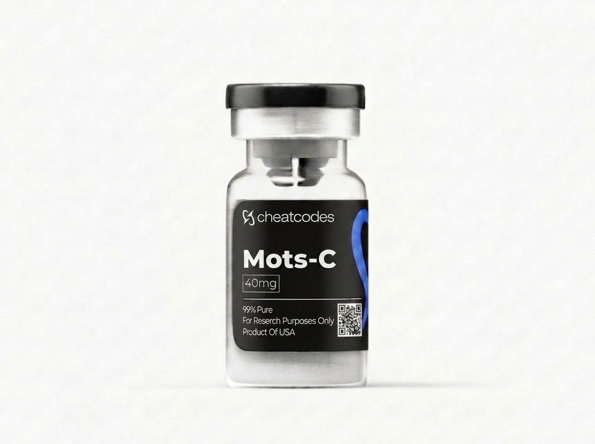 Vial labeled 'Mots-C' with 'cheatcodes' branding on a white background