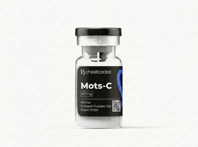 Vial labeled 'Mots-C' with 'cheatcodes' branding on a white background
