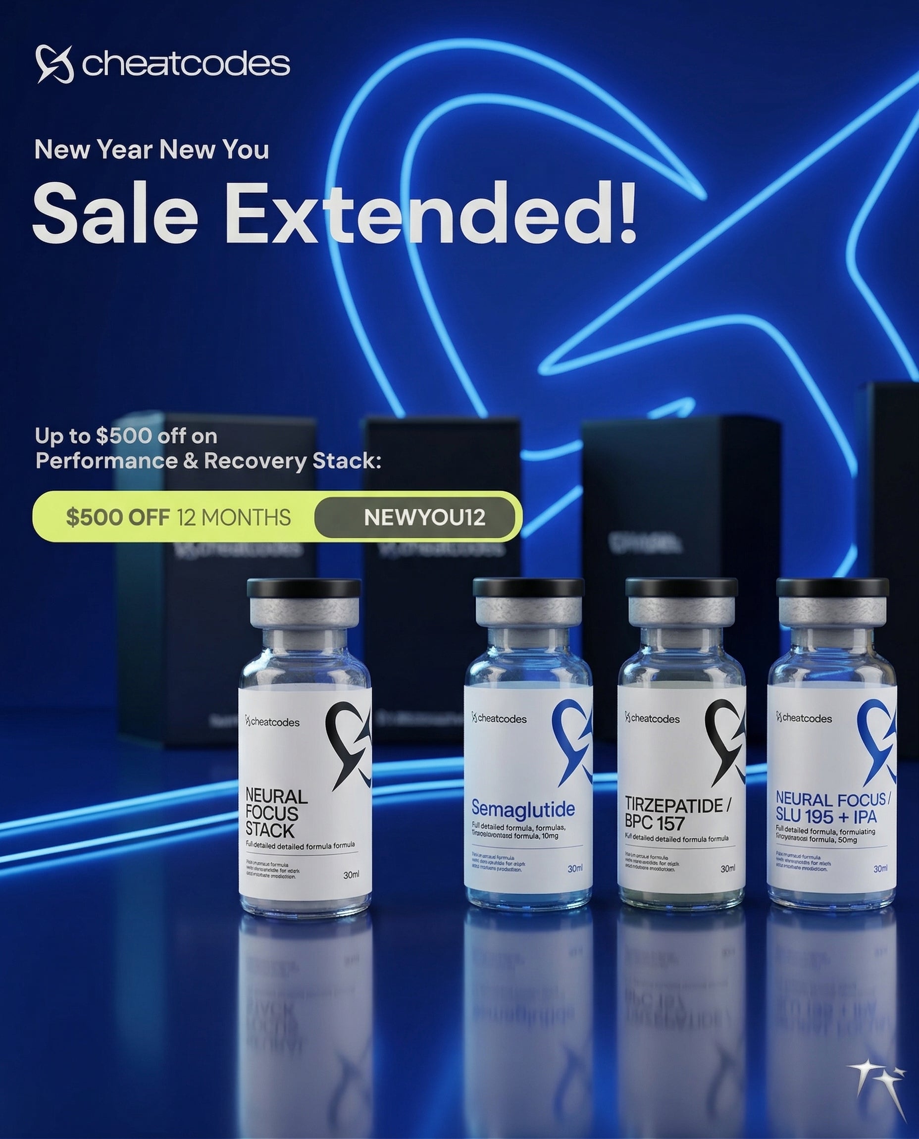 Promotional advertisement for Cheatcodes supplement products with a sale extended message.
