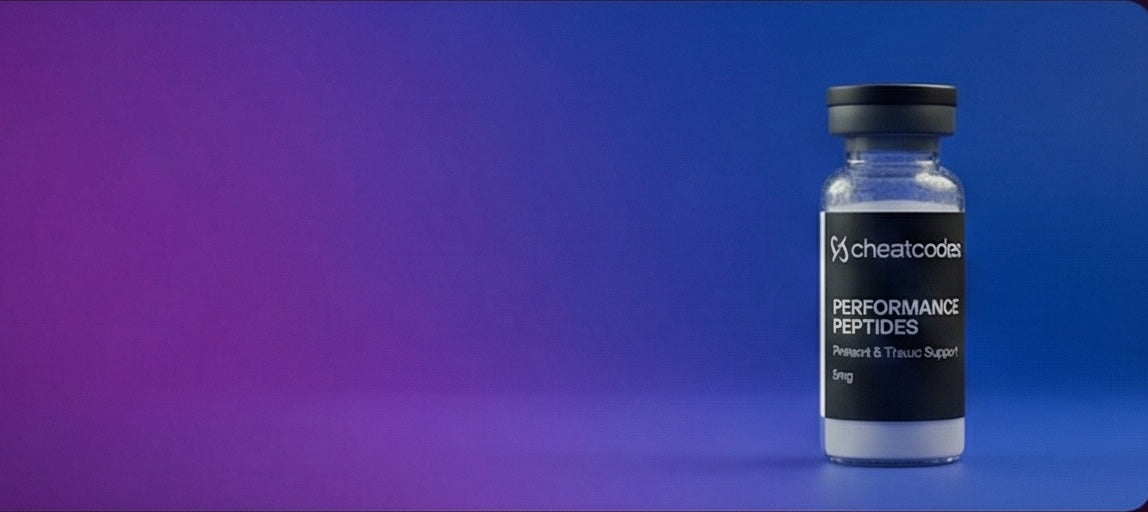 Vial labeled 'Performance Peptides' on a blue background