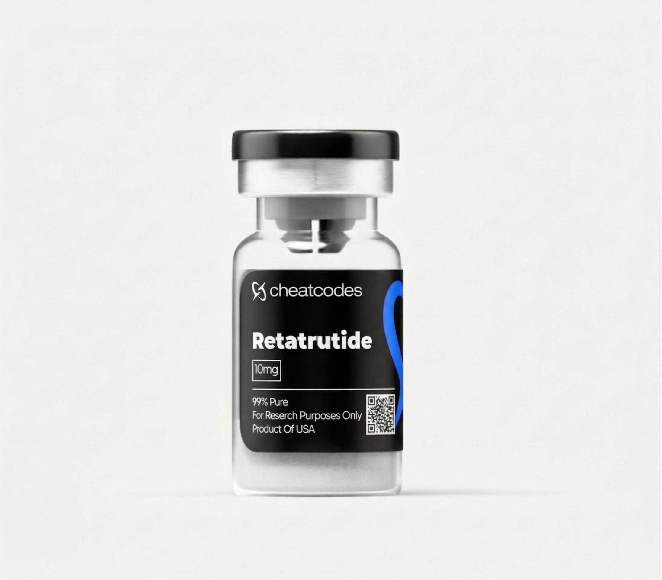 Vial labeled 'Retatrutide' with 'cheatcodes' branding on a white background