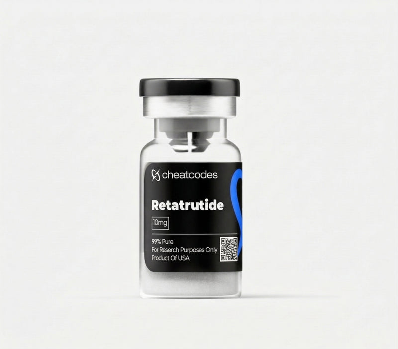 Vial labeled 'Retatrutide' with 'cheatcodes' branding on a white background
