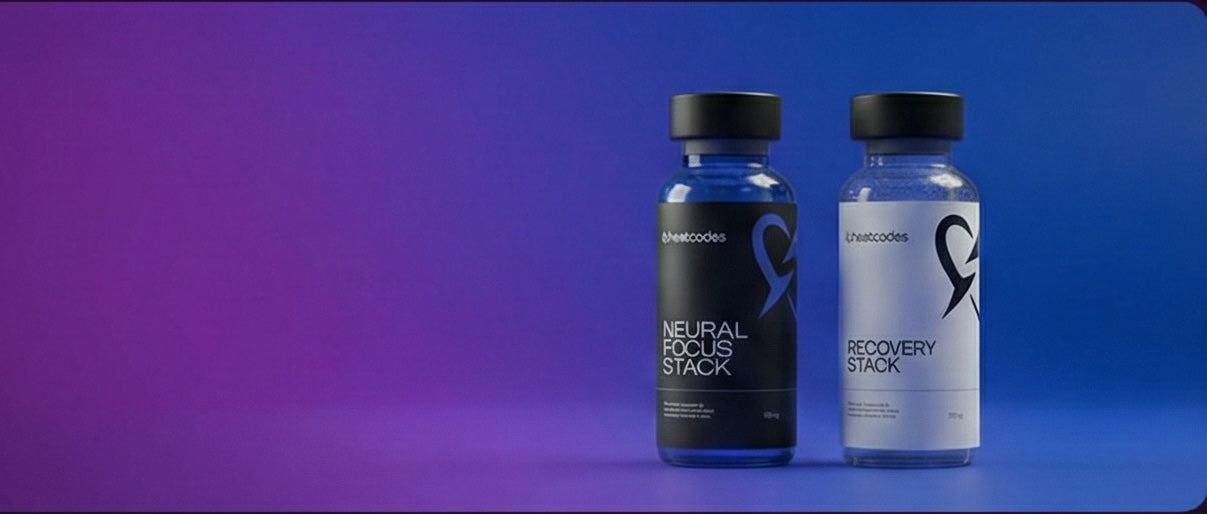 Two supplement bottles labeled 'Neural Focus Stack' and 'Recovery Stack' on a gradient purple to blue background.