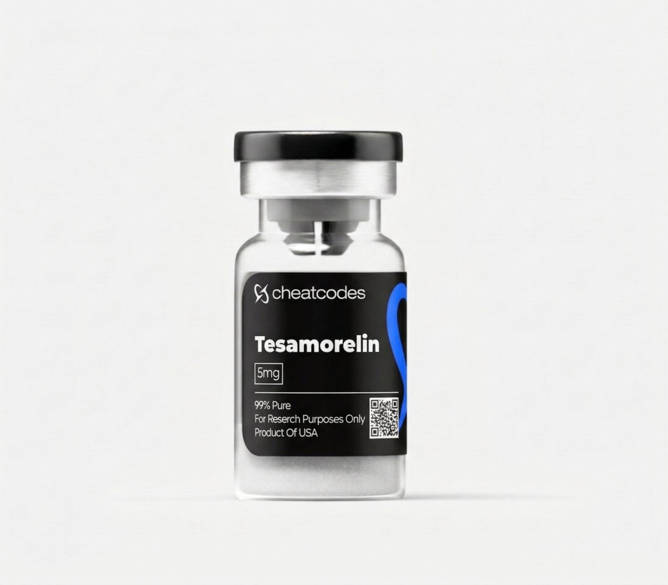 Vial labeled 'tesamorelin' with 'cheatcodes' branding on a white background